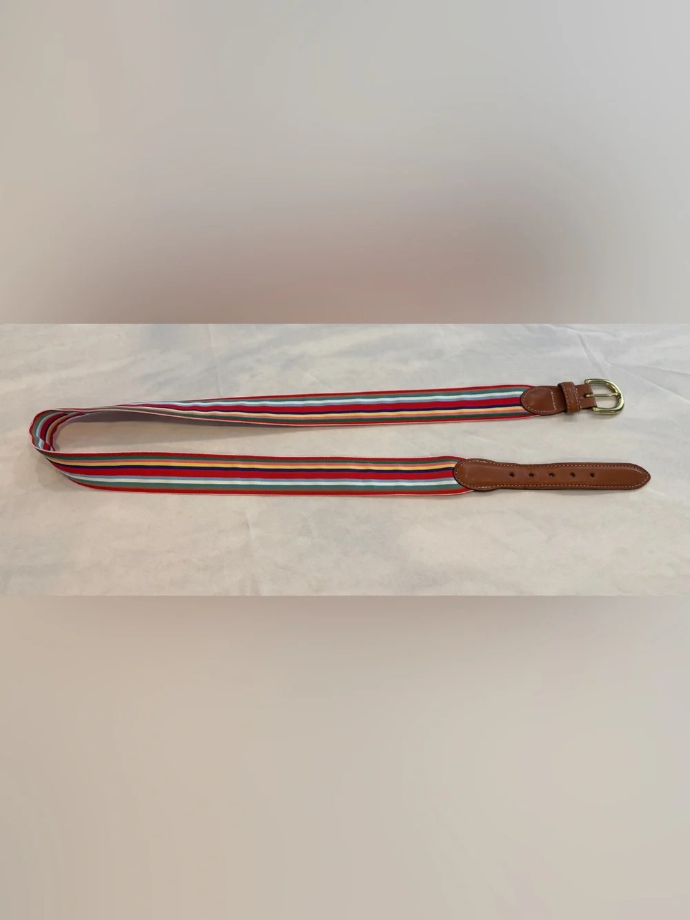 Barrons—Hunter Multicolor Stripe Belt with Brown Leather/Brass Buckle Sz 40
